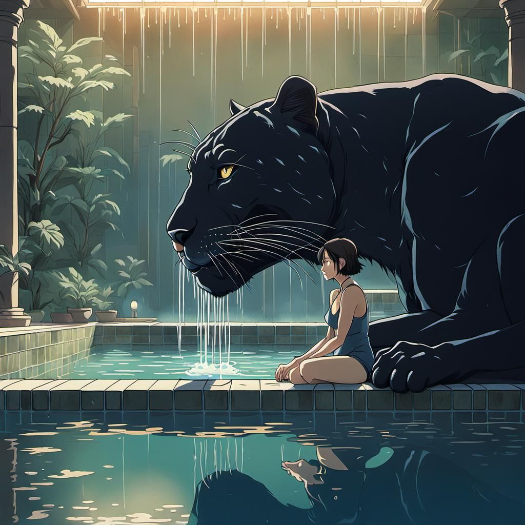 Woman and Panther in Roman Bath, Ghibli Style