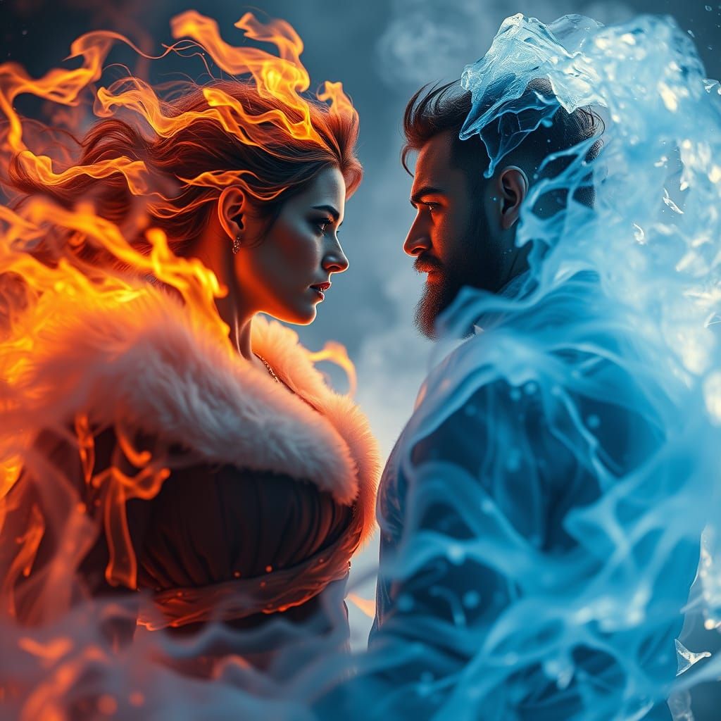 Elemental Fire and Ice Embrace in Dramatic Scene