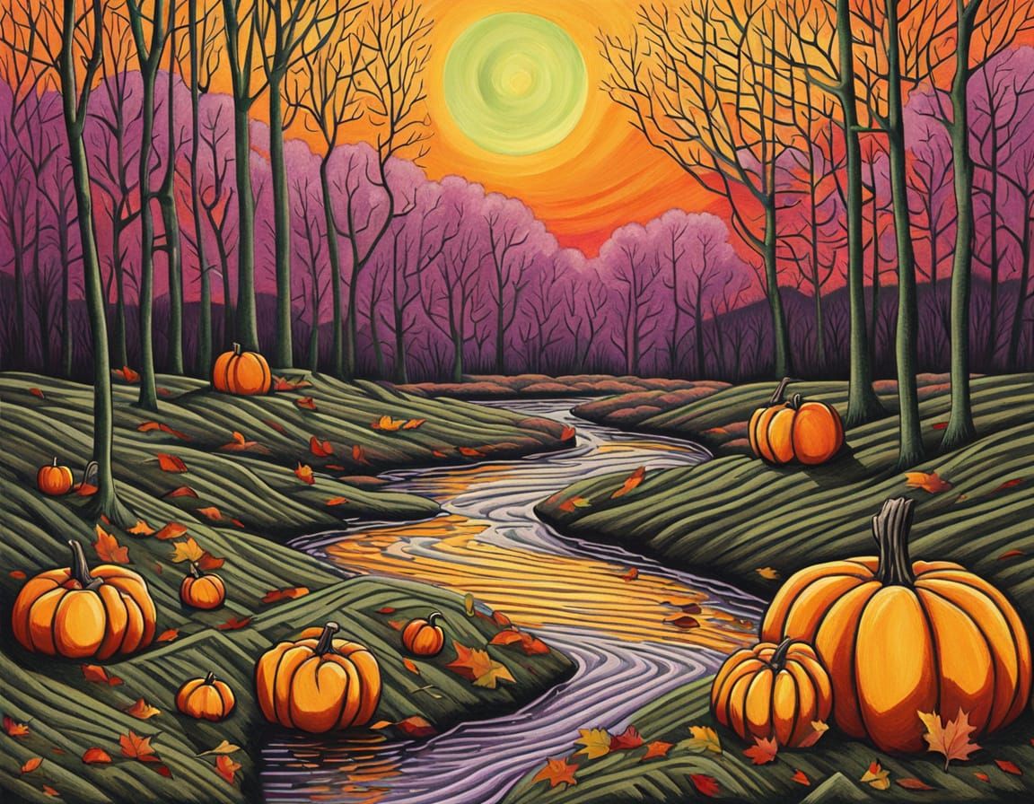 Skeleton in Abstract Autumn Landscape with Jack-o'-lanterns
