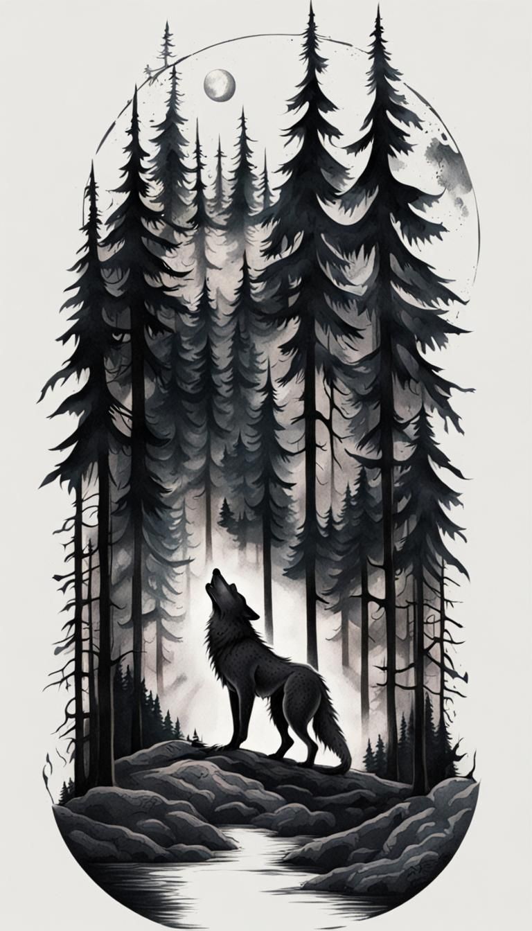 Wolf Tattoo Design in Moonlit Forest