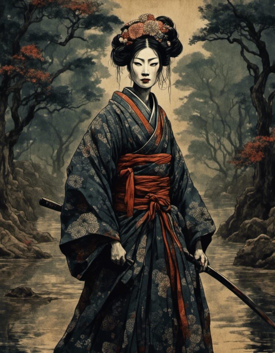 Samurai Geisha in Ukiyo-e Garden with Cherry Blossoms