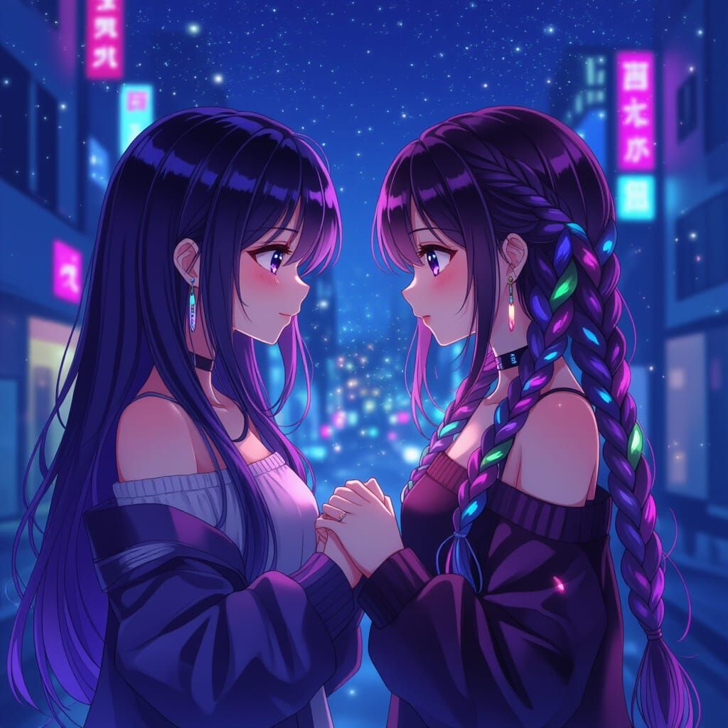 Anime Women Holding Hands in Futuristic City