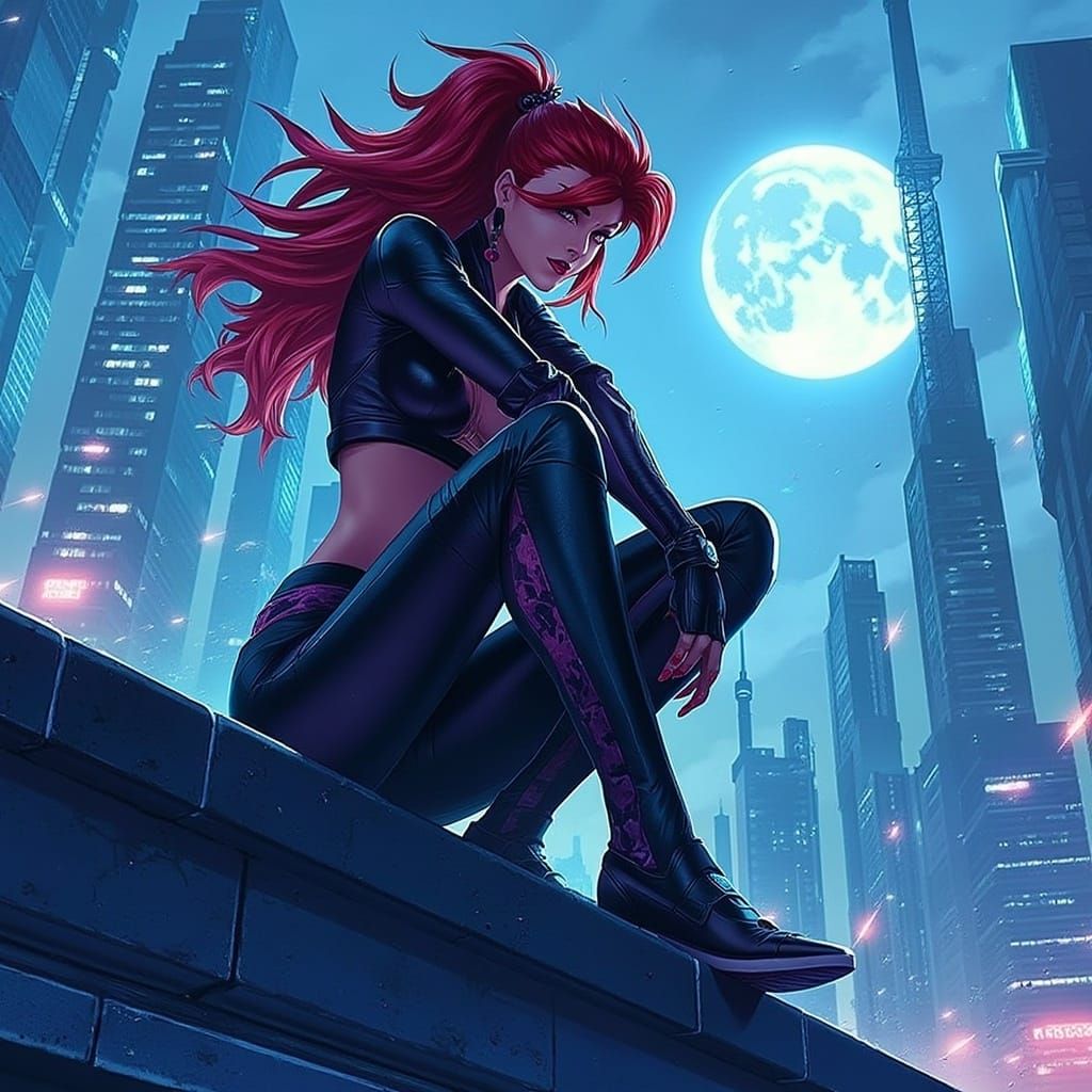 Futuristic Woman on Ledge in Neon Cityscape