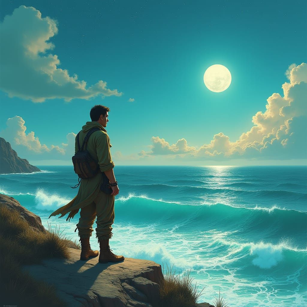 Man Gazing at Sea Under Starry Sky