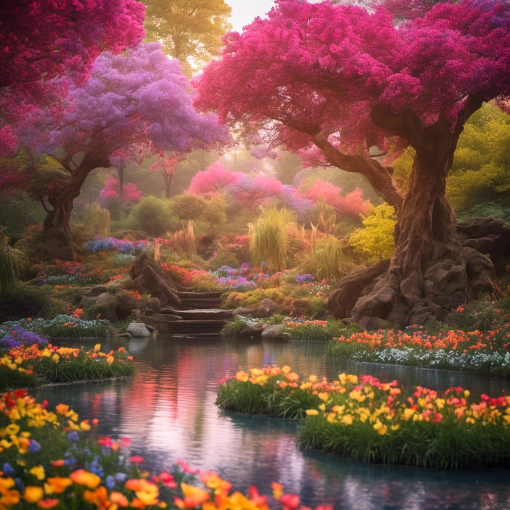 Lush Garden with Cascading Waterfall: Professional Photograp...