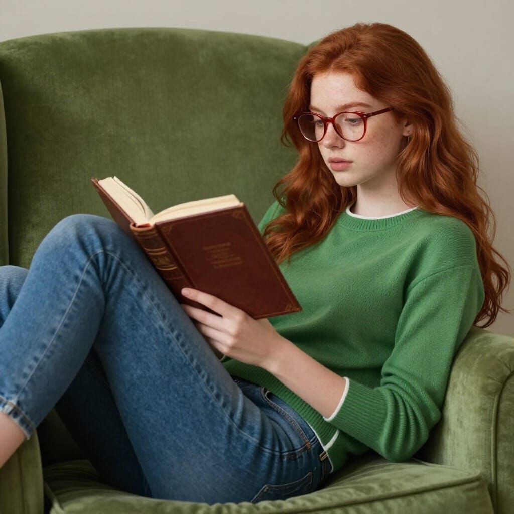Redhead Woman Reads Book in Plush Chair