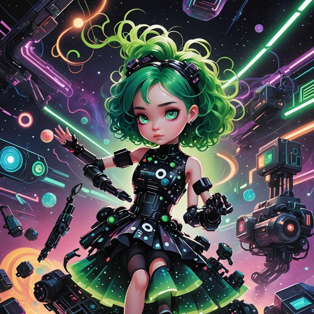 Girl in Space with Robot Doll, Synthwave Style