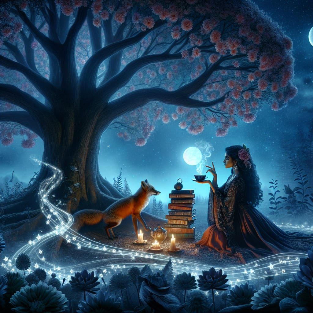 Enchanting Starry Scene with Tree of Life and Witch