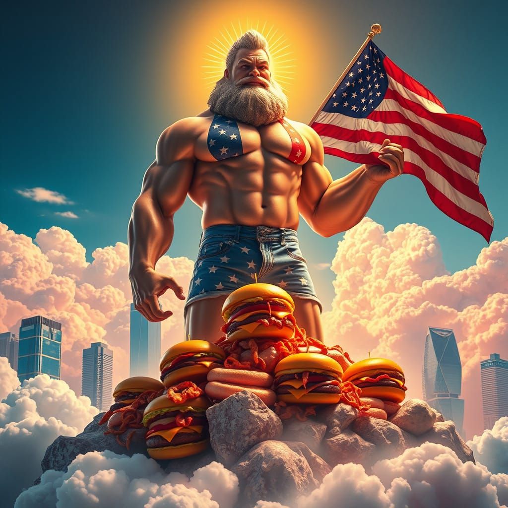 Majestic Hero Devours Hamburgers in Whimsical American Lands...