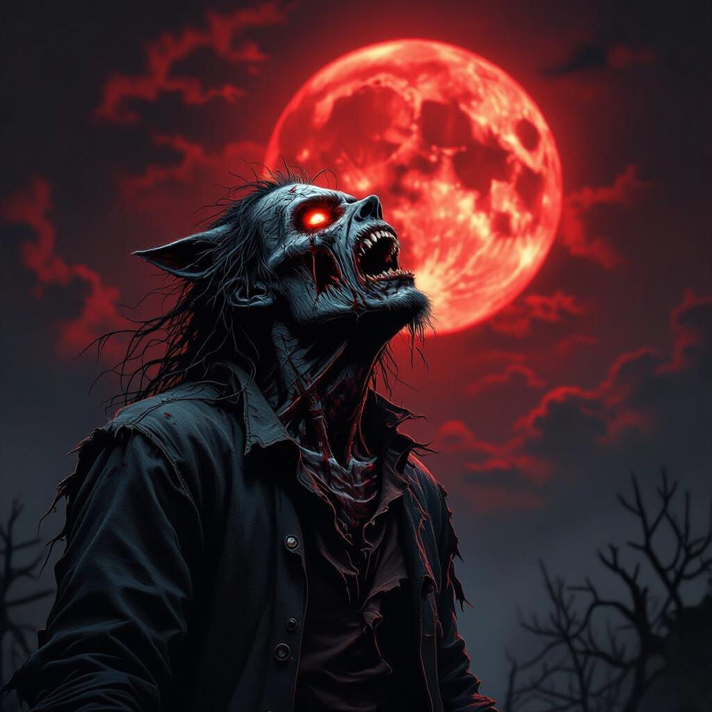 Vampire Zombie Werewolf Howling at Crimson Night Sky