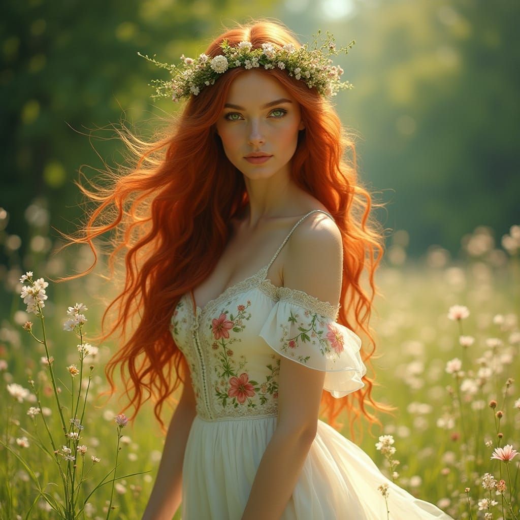 Ethereal Woman in Meadow: Hyper-Realistic Digital Art