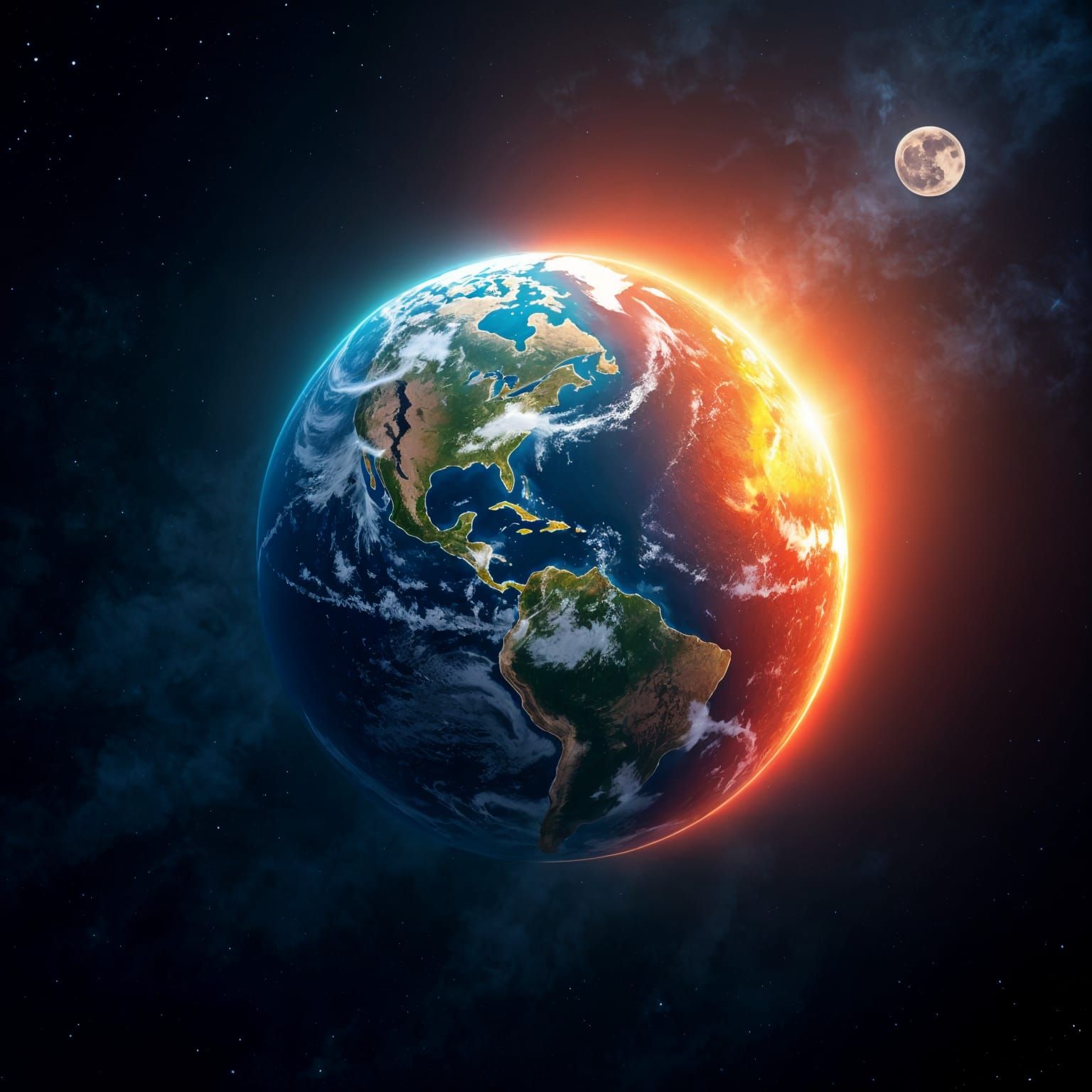 Vibrant Earth, Moon, and Sun in Space: Matte Painting