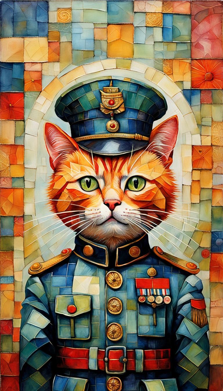 Ginger Cat Soldier: Encaustic Painting in Colourful Style