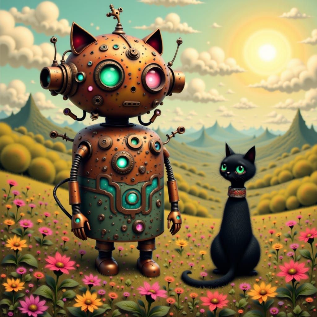 Steampunk Robot in Surreal Landscape with Black Cat