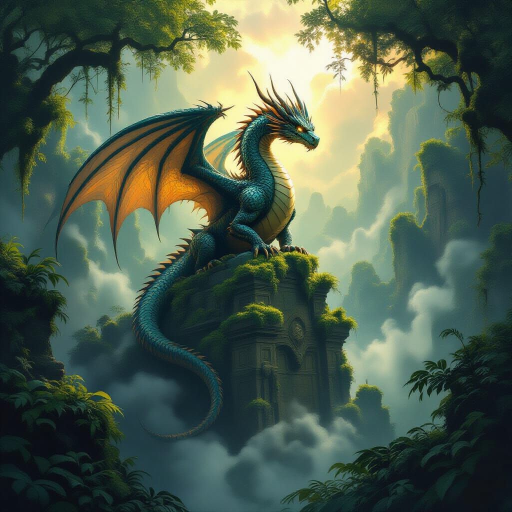 Ancient Dragon on Ruin in Misty Jungle