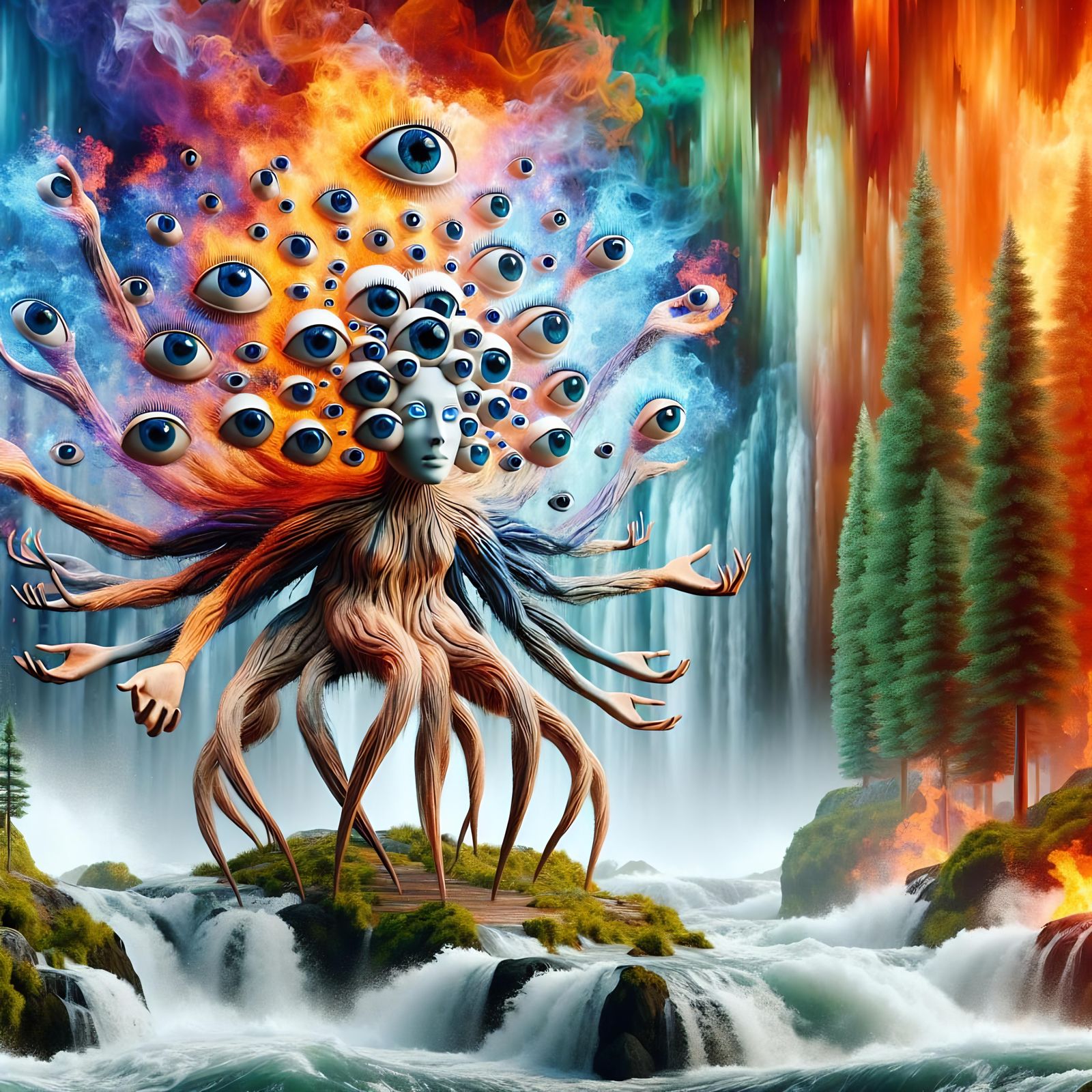 Surreal Multi-Headed Being in Dynamic Nature Scene