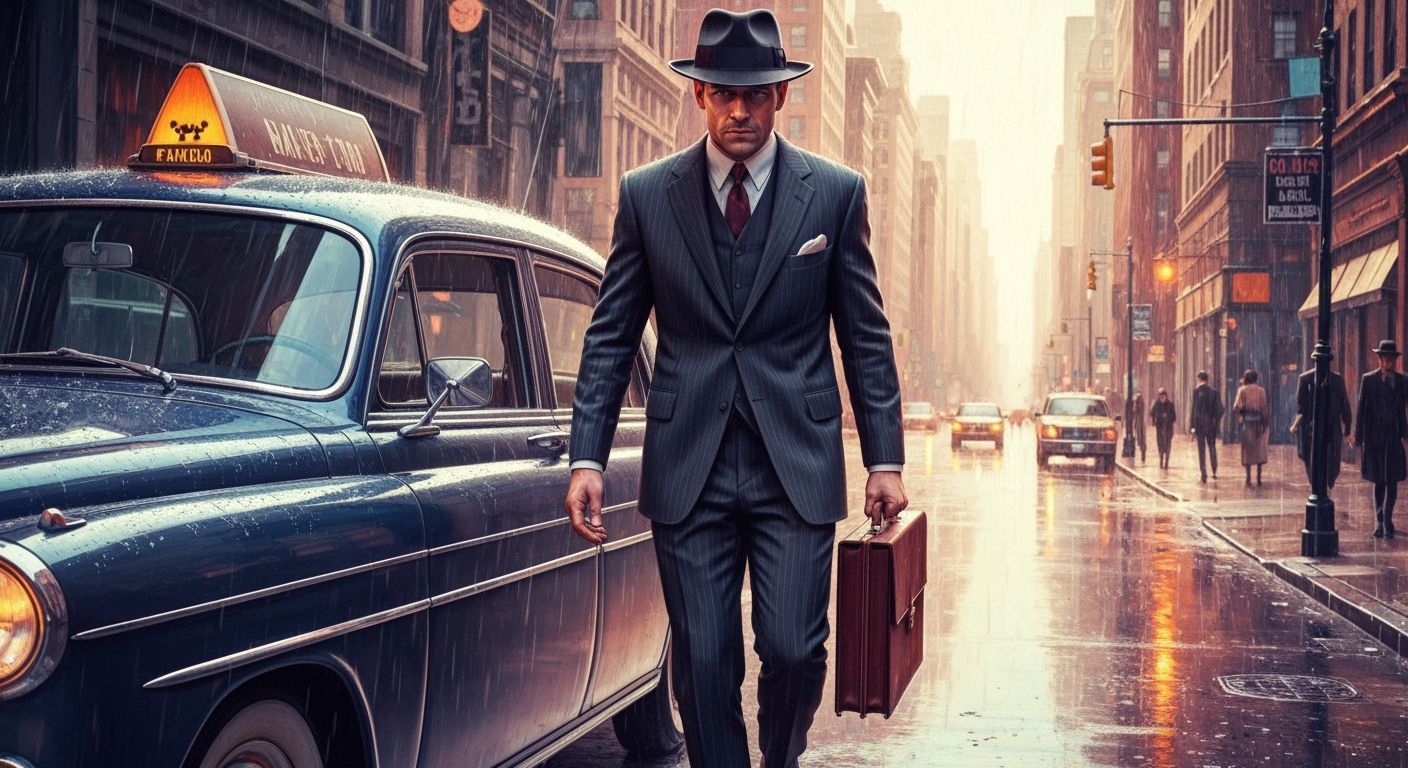 Man in 1950s Suit Steps from Taxi in Rainy New York