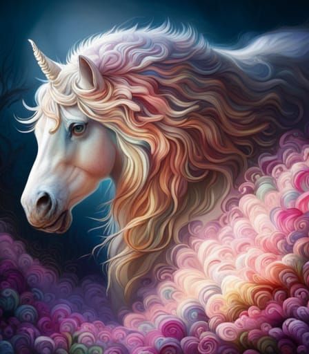 Detailed Multi-Colored Unicorn Head with Organic Vegetation