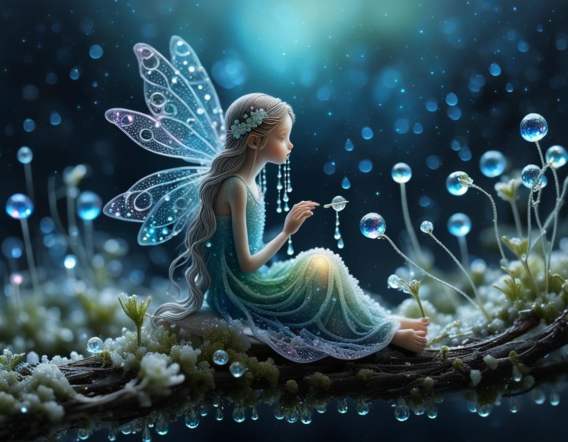 Fairy with Dewdrop Hair on Bioluminescent Flower