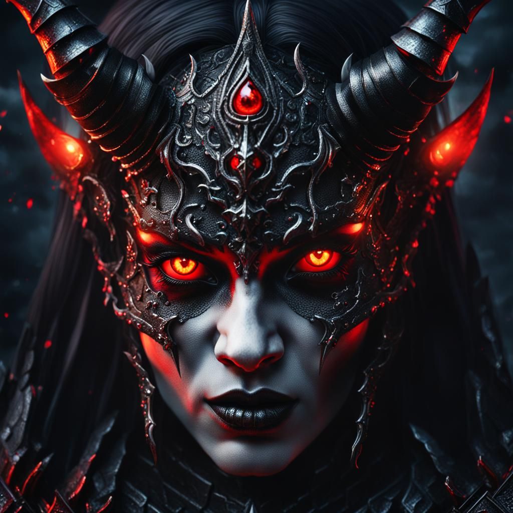 Photorealistic close up portrait of a majestic evil gothic d...