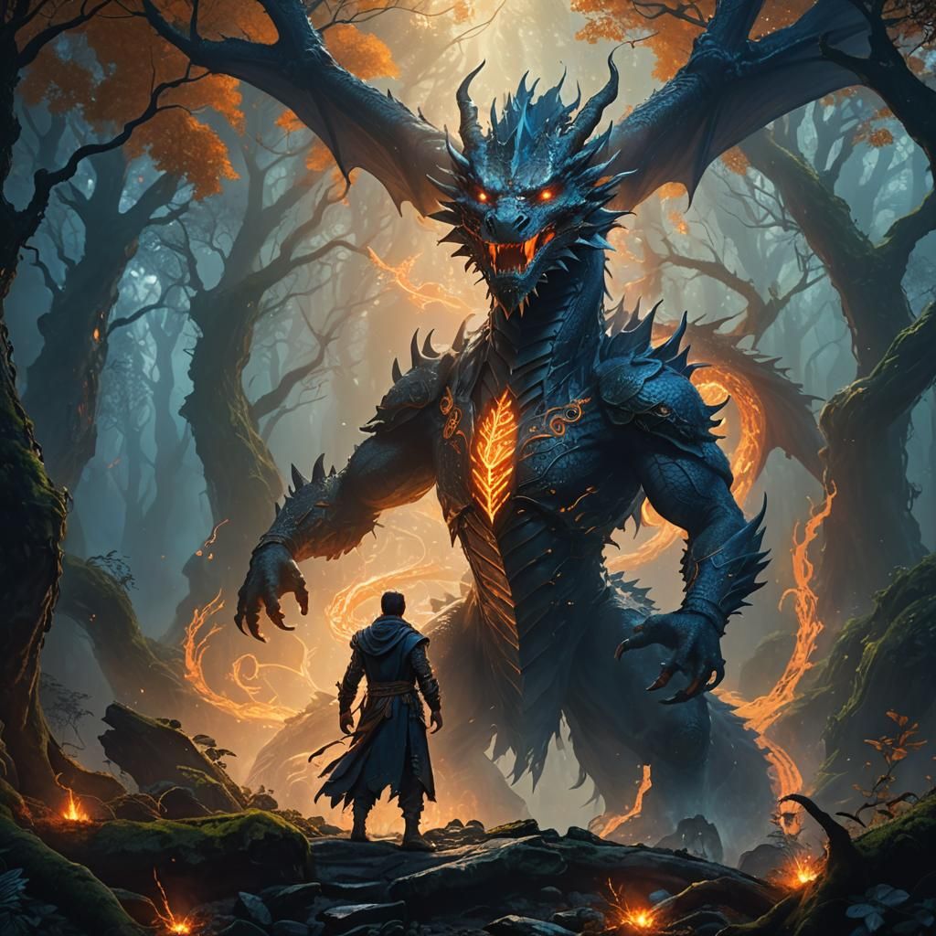 Mystical Dragon Man in Ancient Forest: Fantasy Art