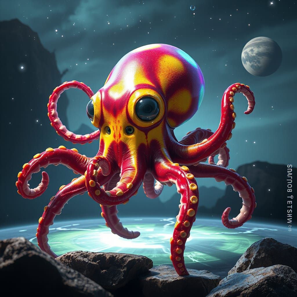 Iridescent Alien Coconut Hybrid on Bioluminescent Exoplanet