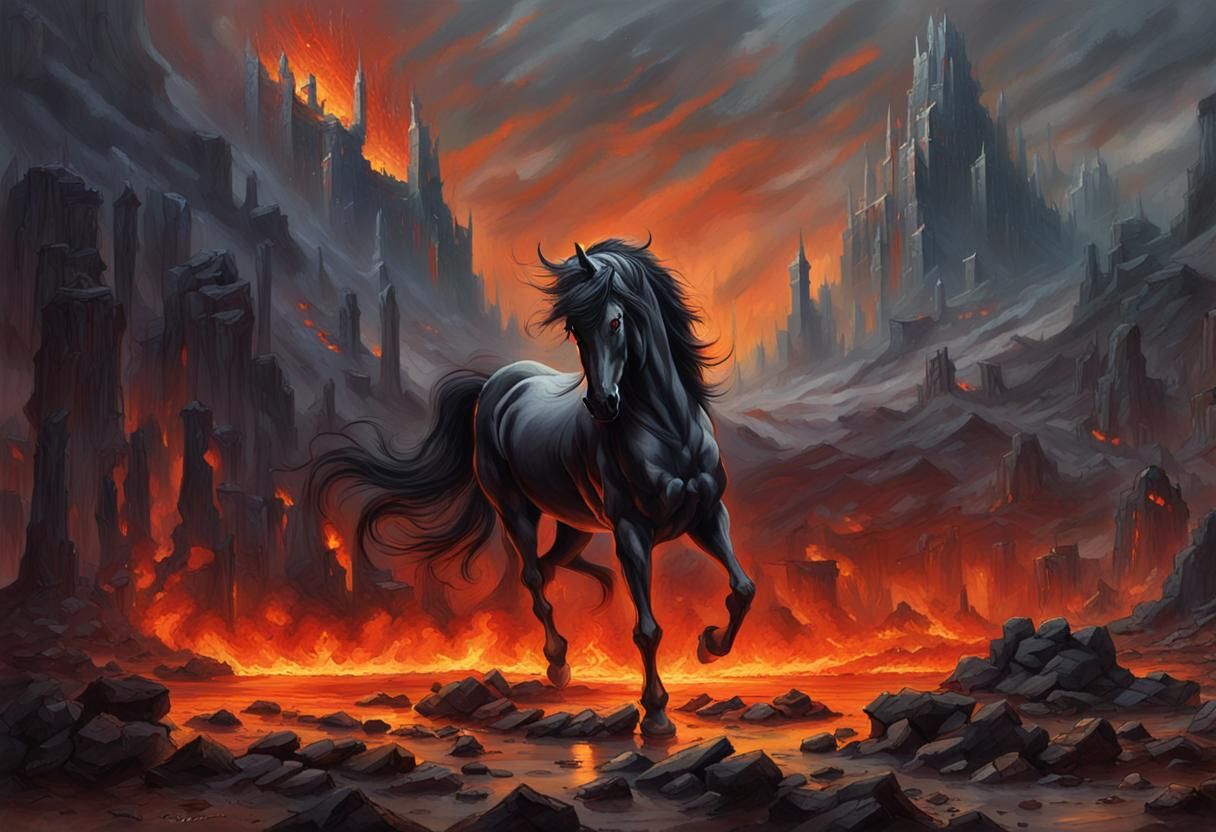 Horse with Sword Legs in Hellish Landscape