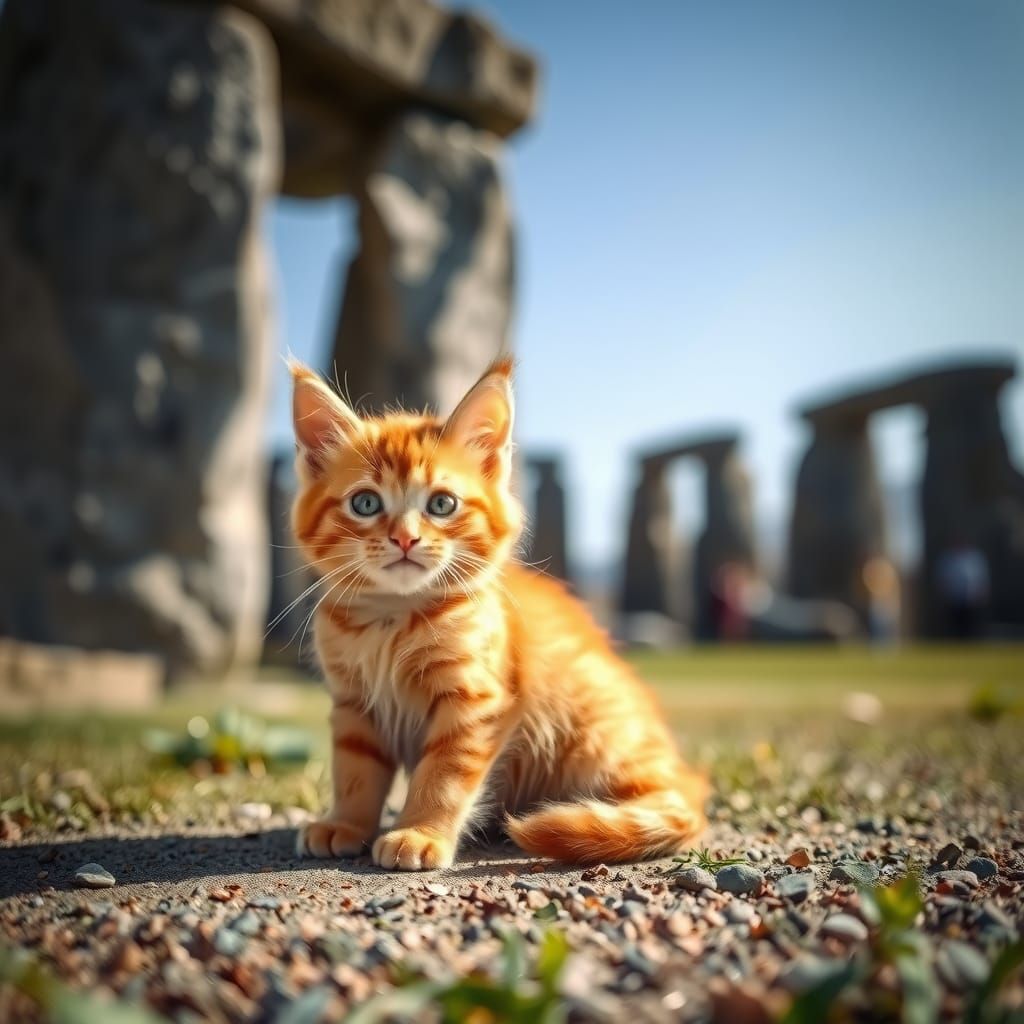 Orange kitten sunning himself at Stonehenge.