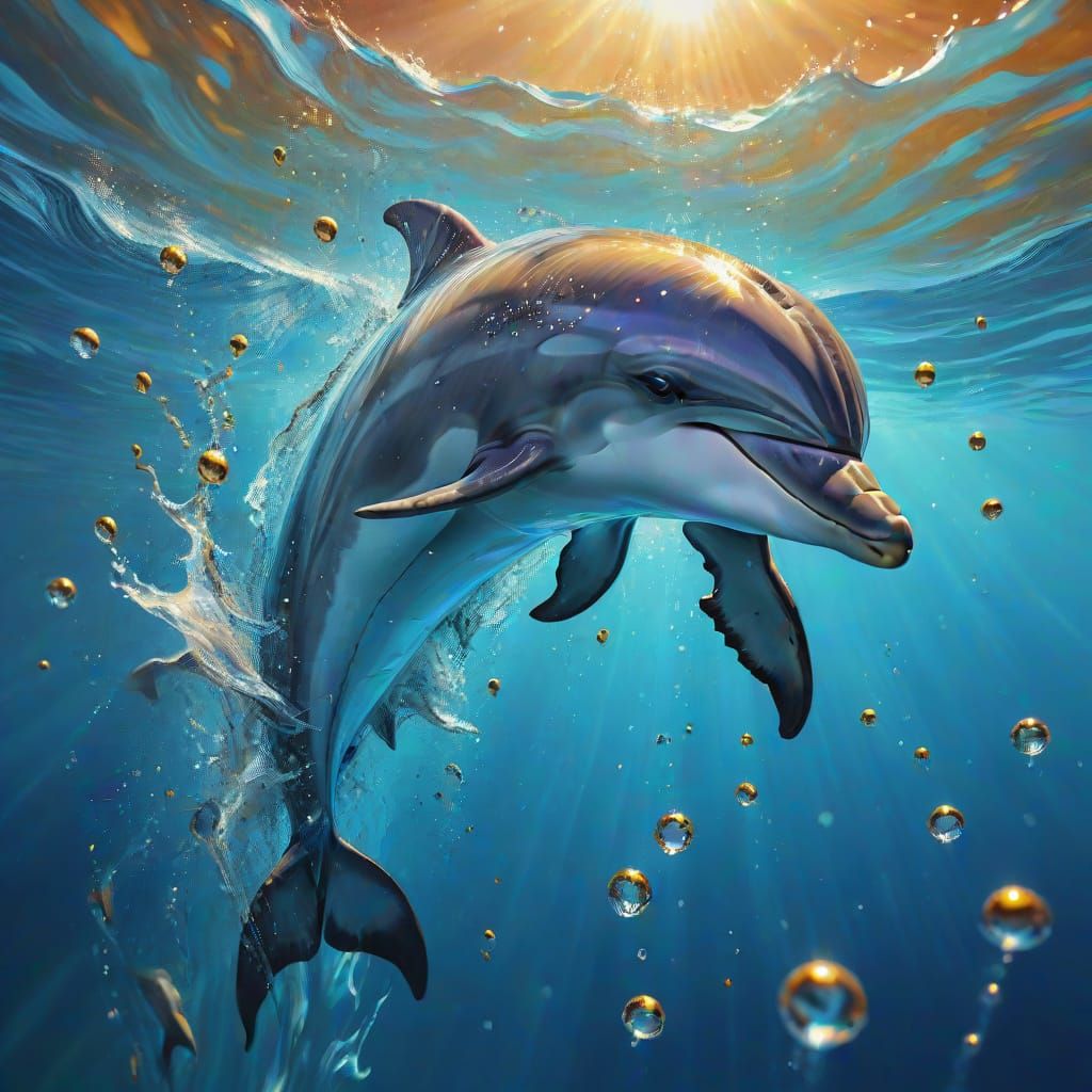 Surreal Dolphin Swimming in Shimmering Underwater Sunlight