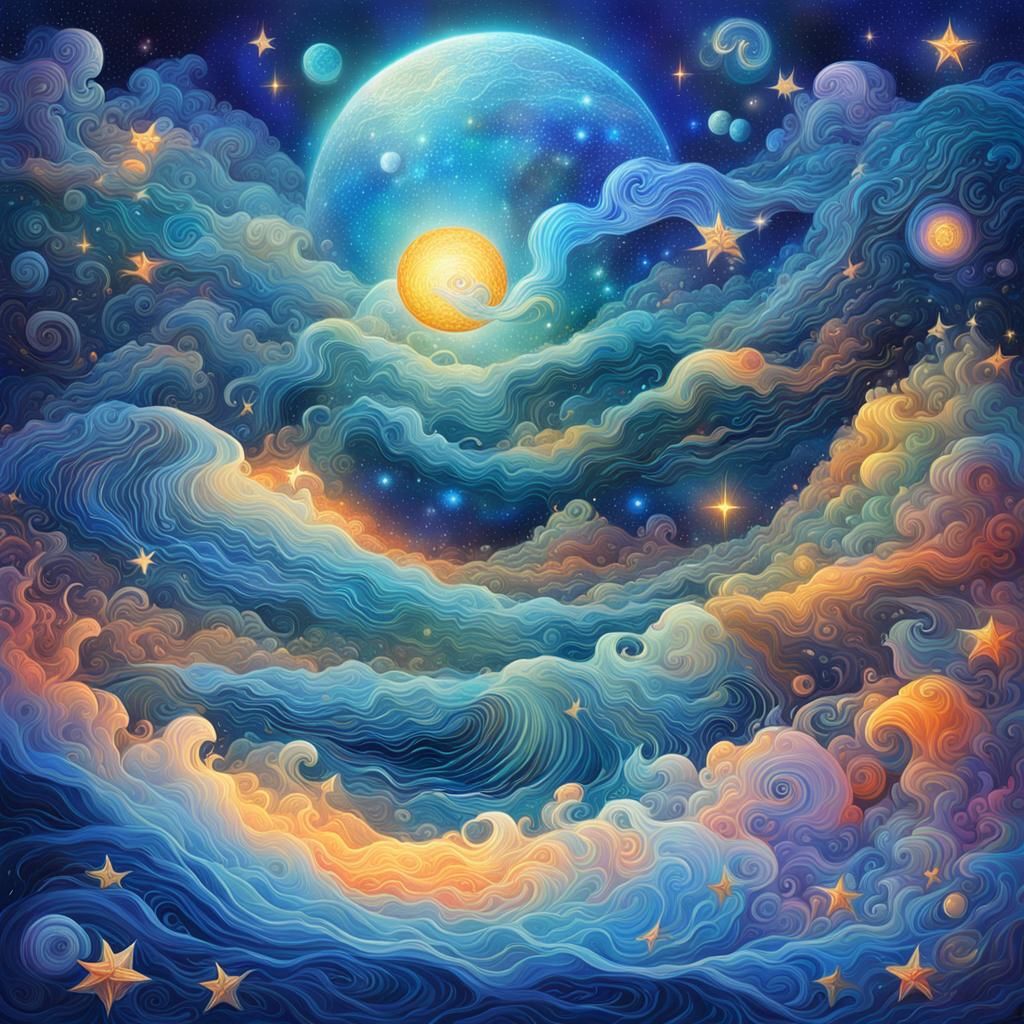 Dreamy Astral Waves: Holographic Cosmic Illustration