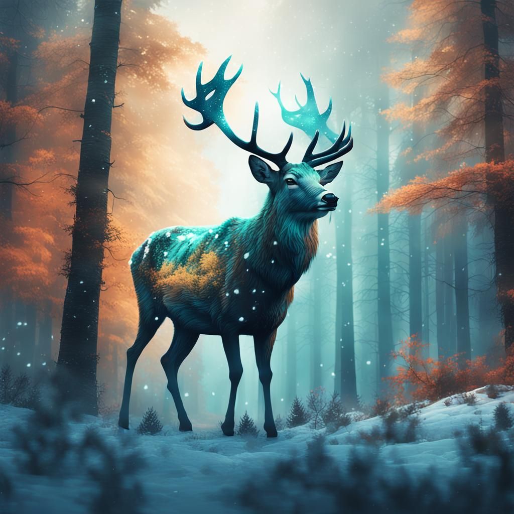 Deer in Snowy Forest Double Exposure Art