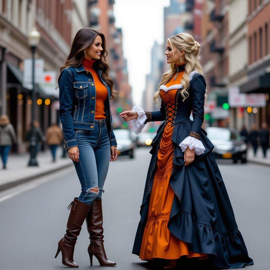Modern Woman Meets Victorian Lady on City Street