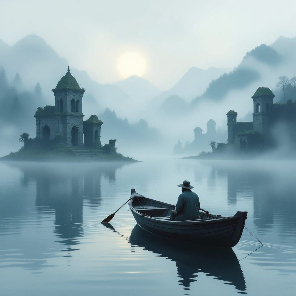 Fisherman on Misty Lake Near Ancient Ruins