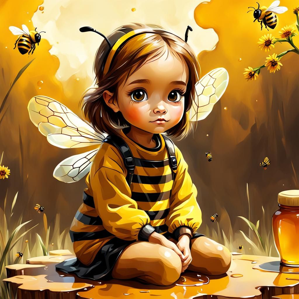 Little Girl with Honeybees in Digital Painting
