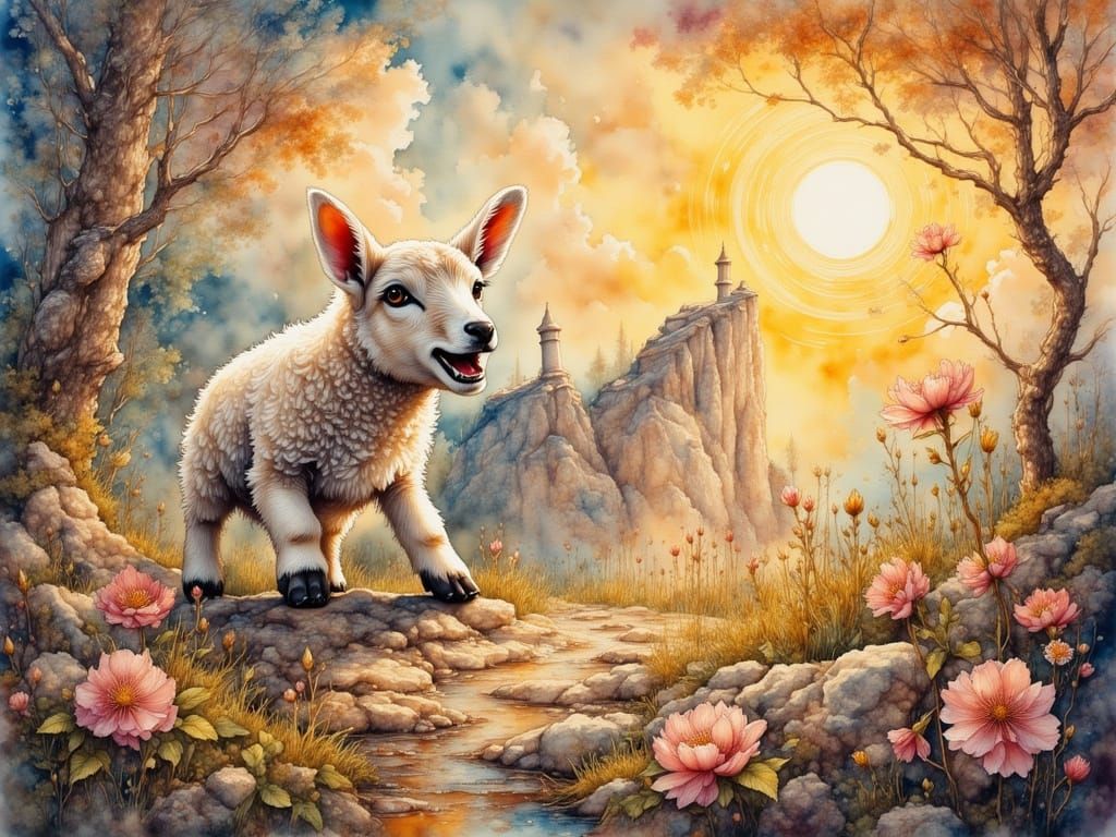 Lamb Disguised As Wolf in Surreal Dali-esque Landscape