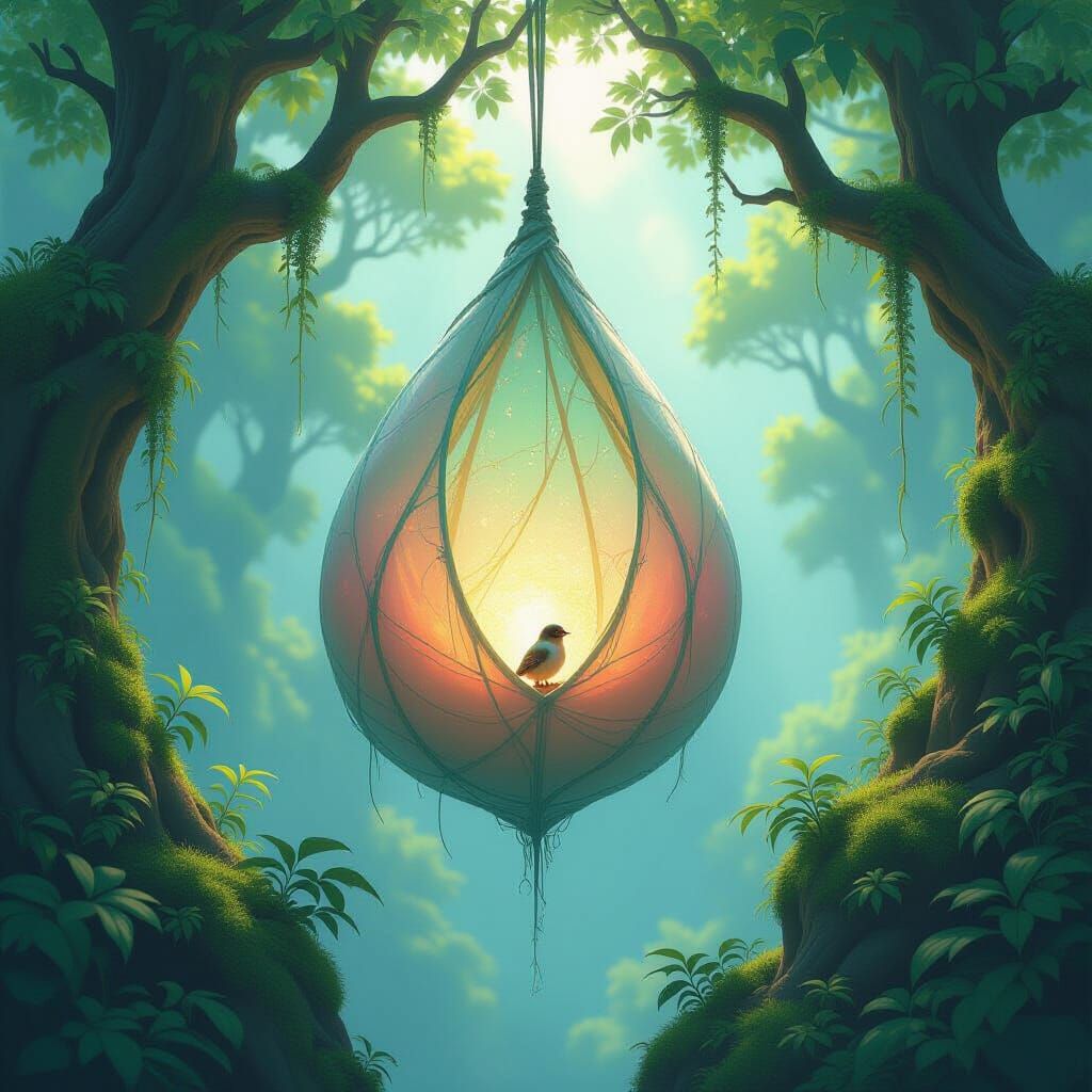 Emerging Sparrow from Giant Cocoon on Floating Island