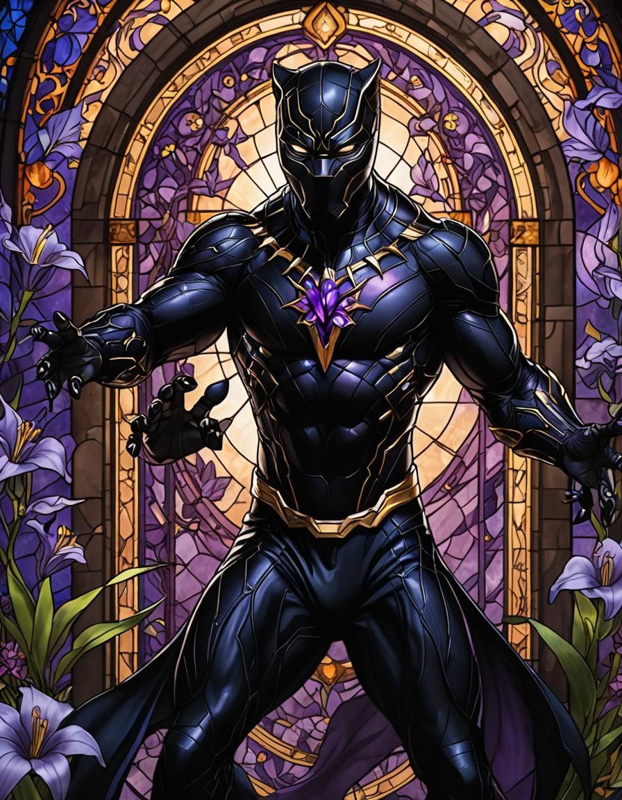 Stained Glass Image of a Clawed Figure with Lilies