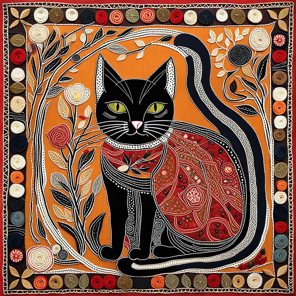 Intricate Textile Art Cat with Embroidery