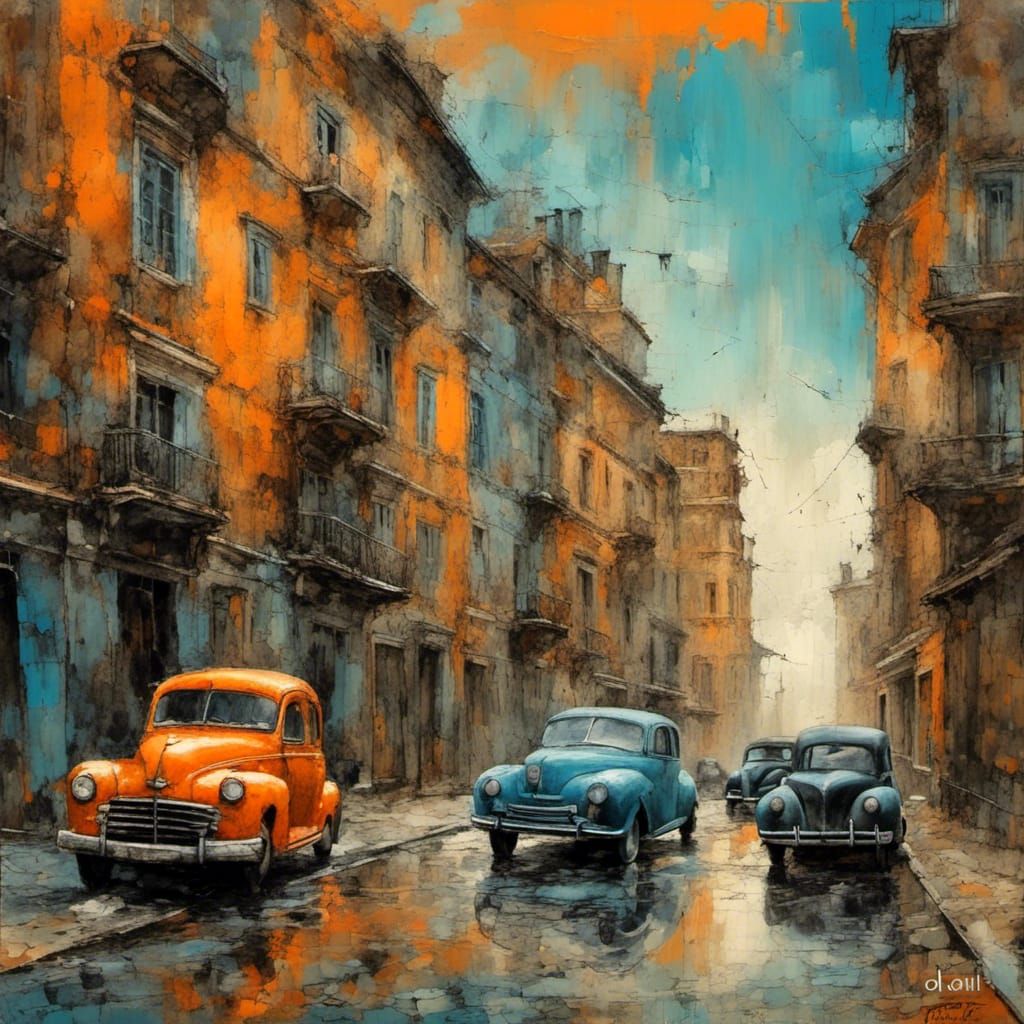 Surreal Old Car Street Scene in Mixed Media