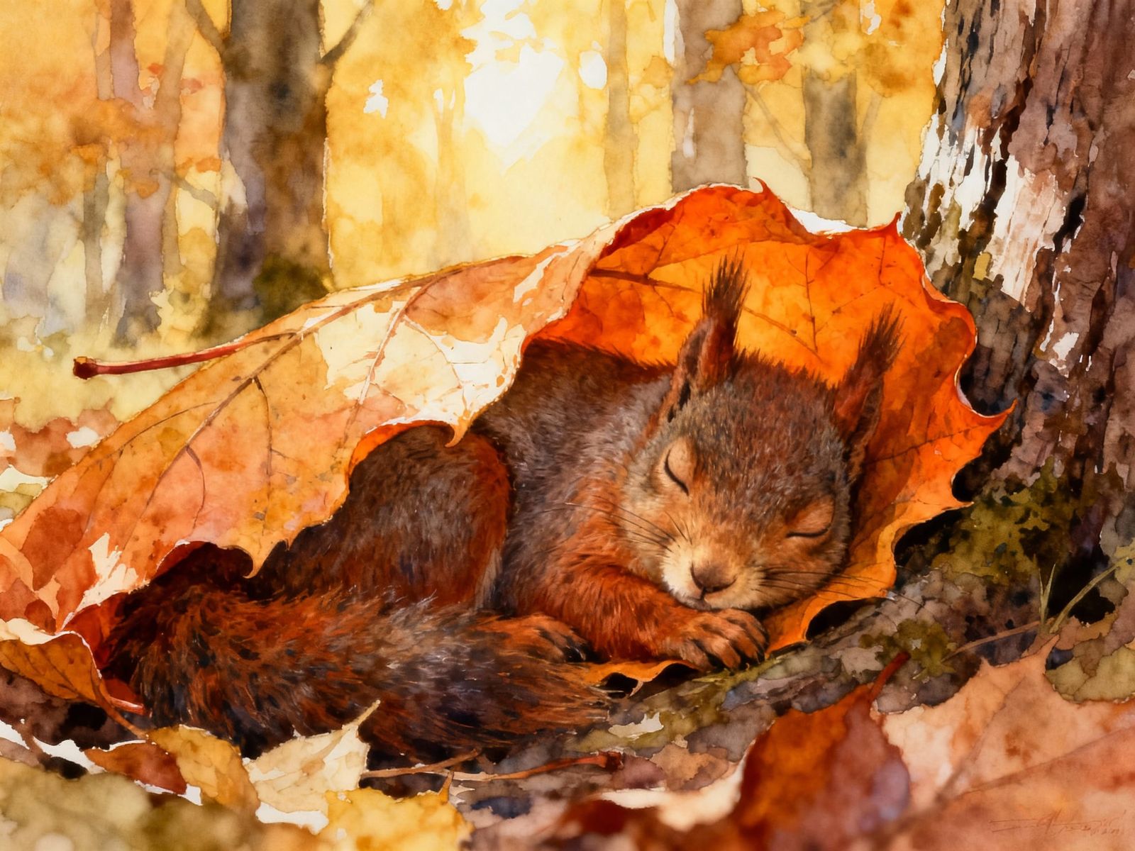 Cozy Squirrel Sleeping Under Orange Leaf Blanket in Autumn F...
