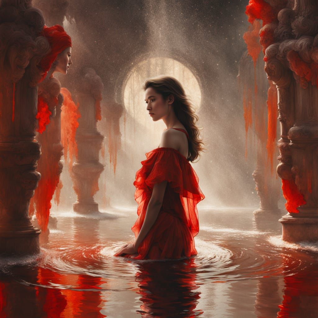 Elegant Woman by Fountain in Fluid Brushstrokes