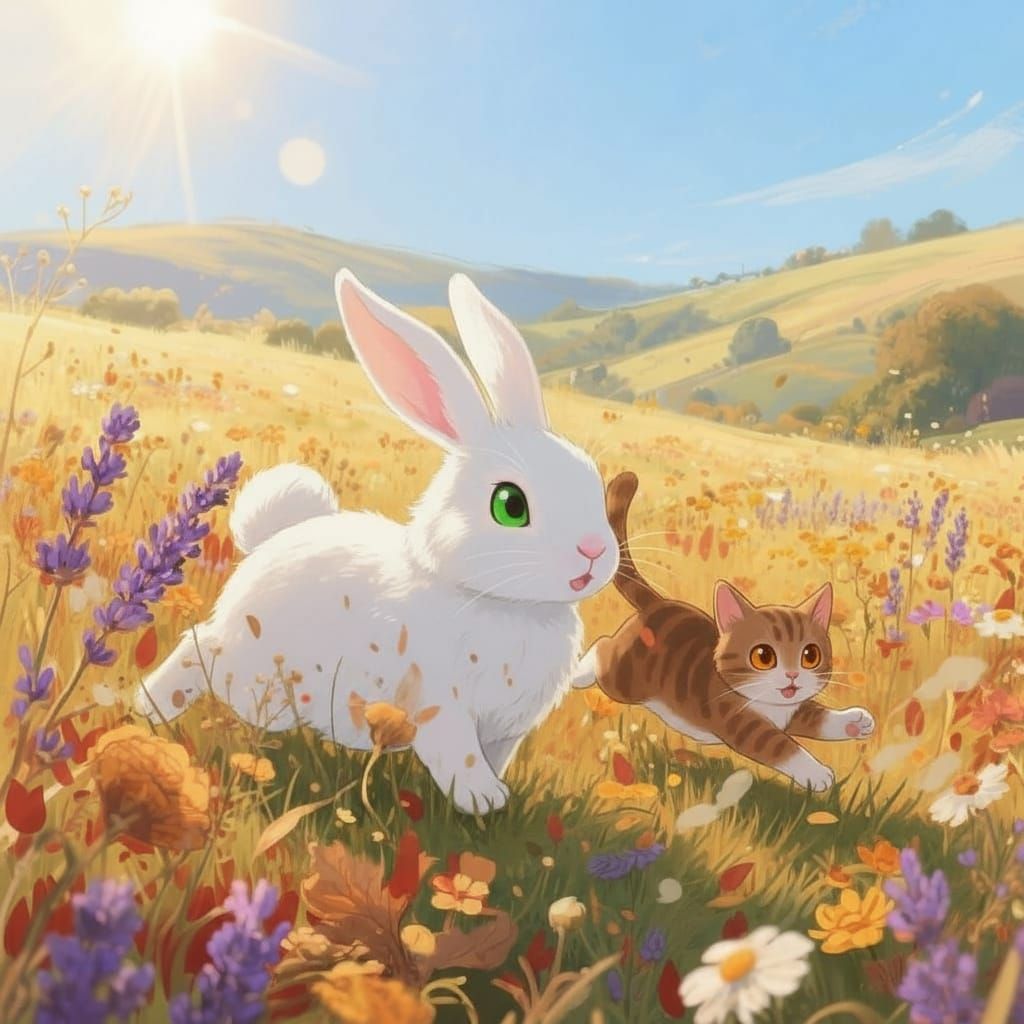 Fluffy Rabbit and Kitten in Sunlit Autumn Field
