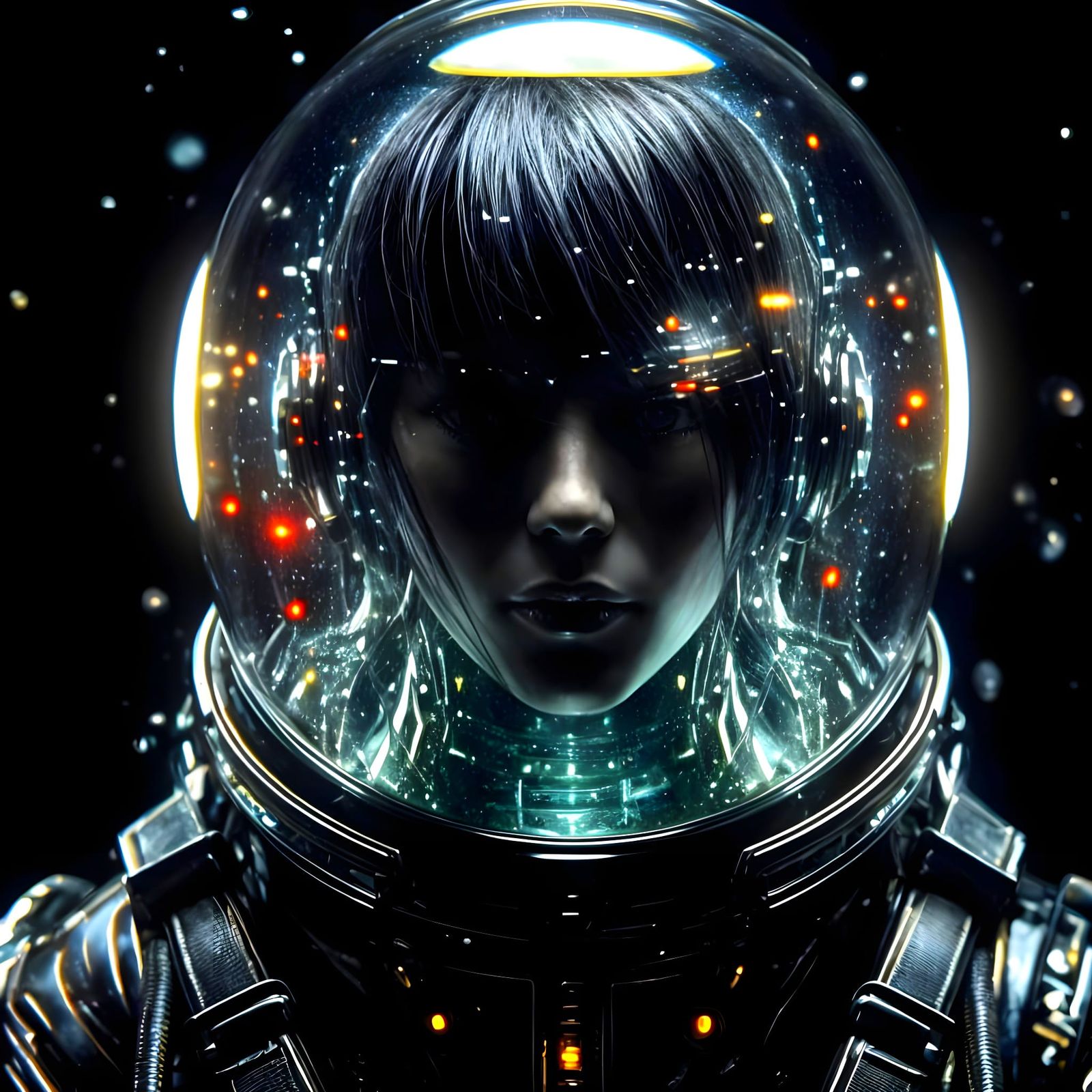Oriental Android in Spacesuit With Spaceship Reflection