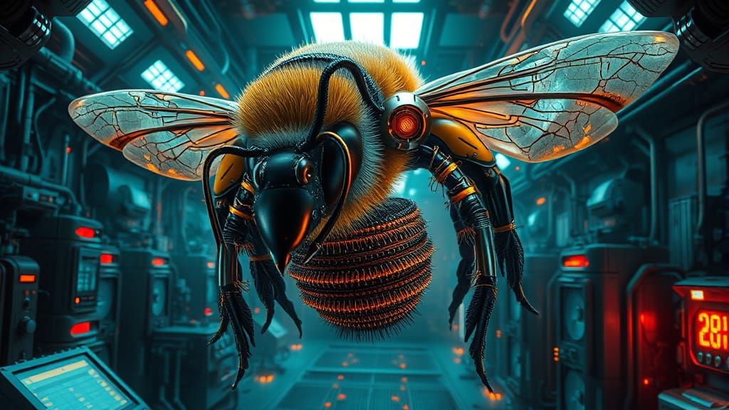 Electrified Bee in Cyberpunk Laboratory