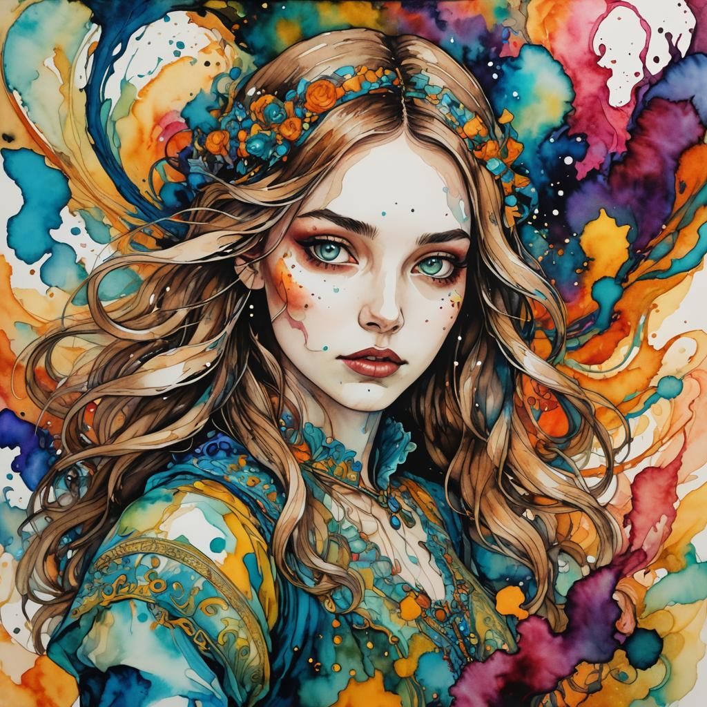 Whimsical Girl in Wonderland of Alcohol Inks