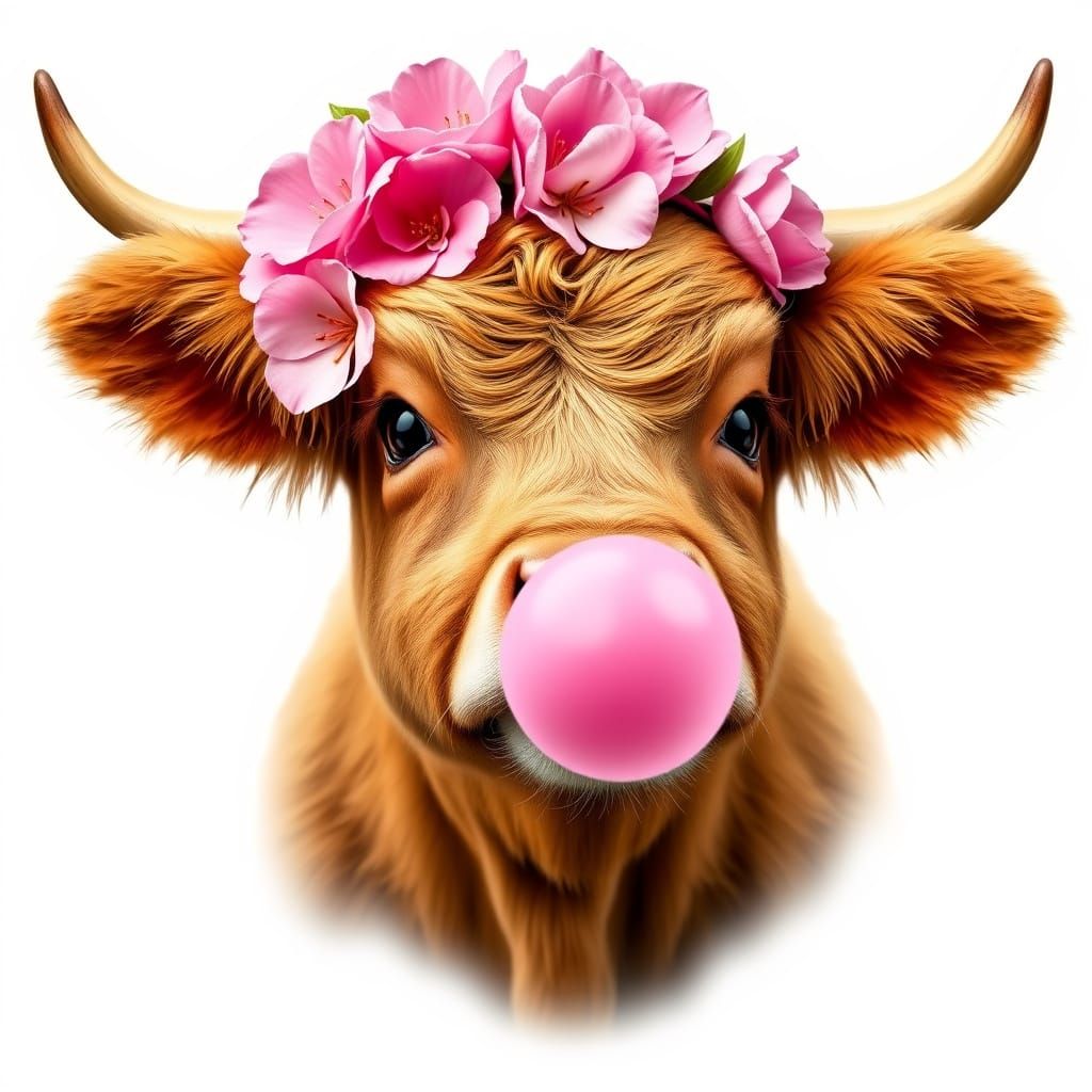 Cute Highland Cow in Floral Crown, Blowing Bubble Gum