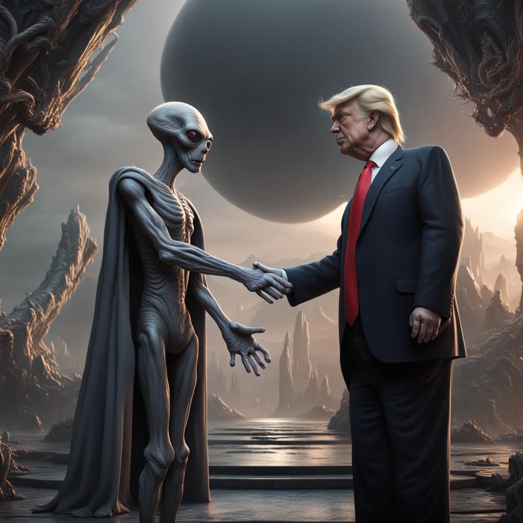 Grey Alien Greets Donald Trump: Detailed Matte Painting
