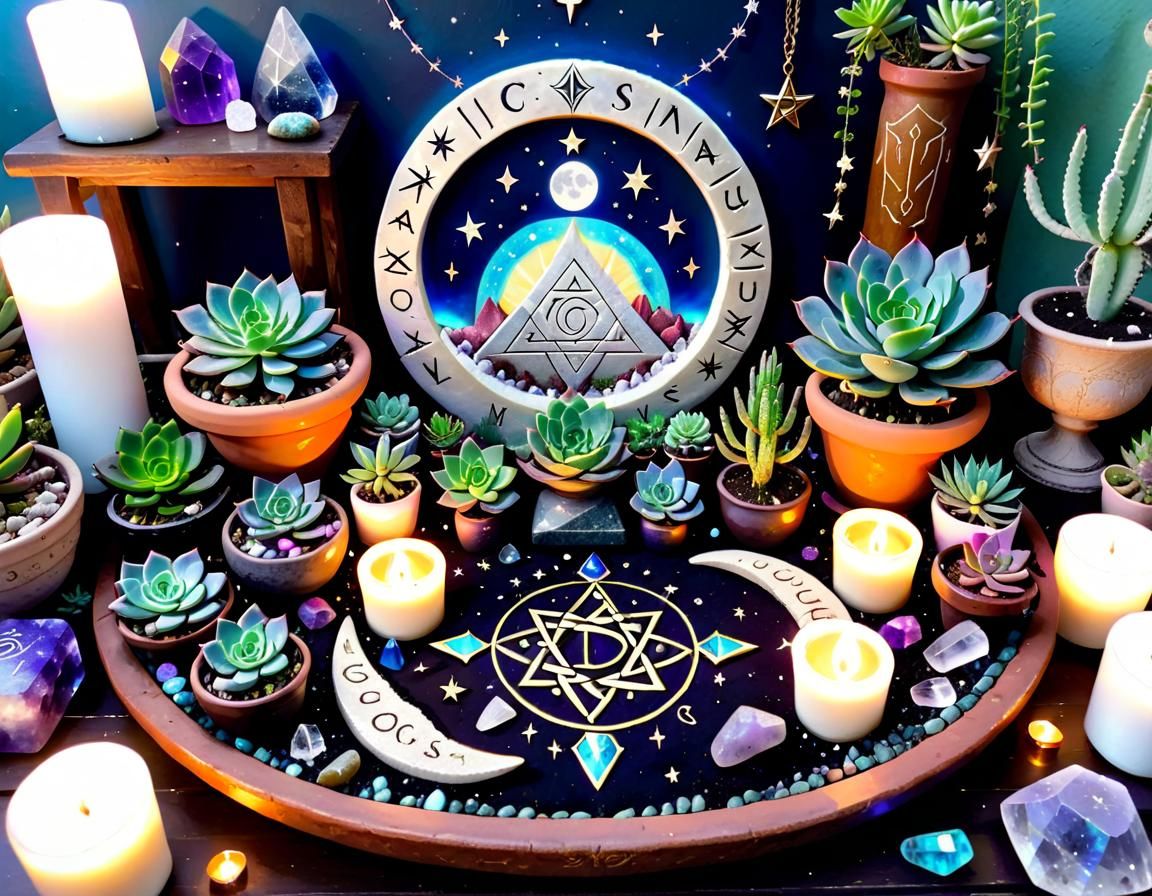 Goddess Altar with Succulents, Crystals, and Runes