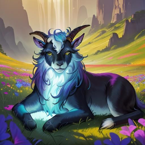 Rainbow Goat in Dreamlike Meadow: Oil Painting