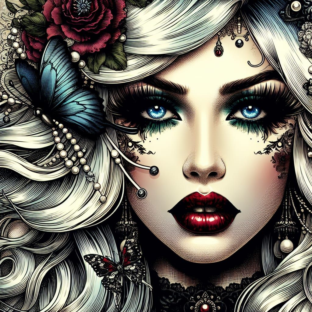 Gothic Woman with Pearls and Flowers in Grunge Style